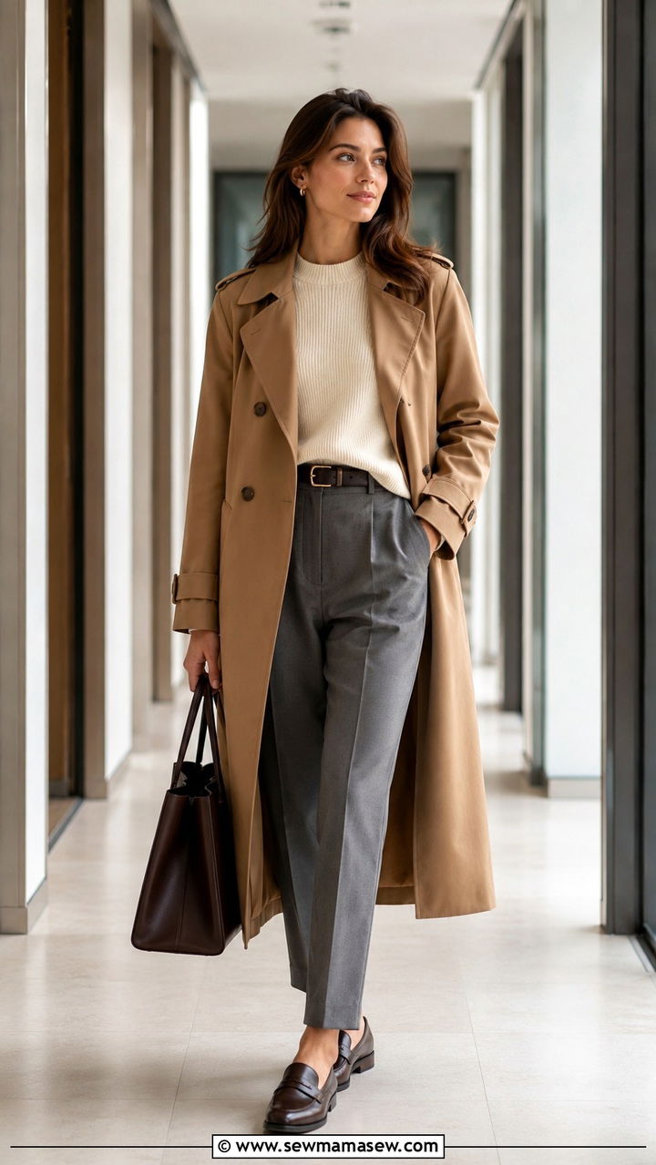 Trench Coat With Tailored Trousers and Loafers - 30 chic trench coat outfit ideas