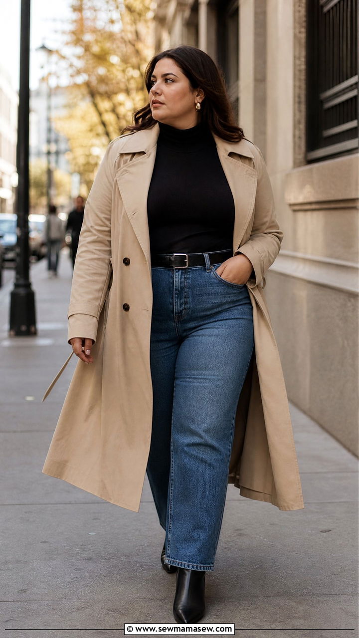 Trench Coat With Turtleneck And Jeans - 30 Plus size outfit ideas 2026