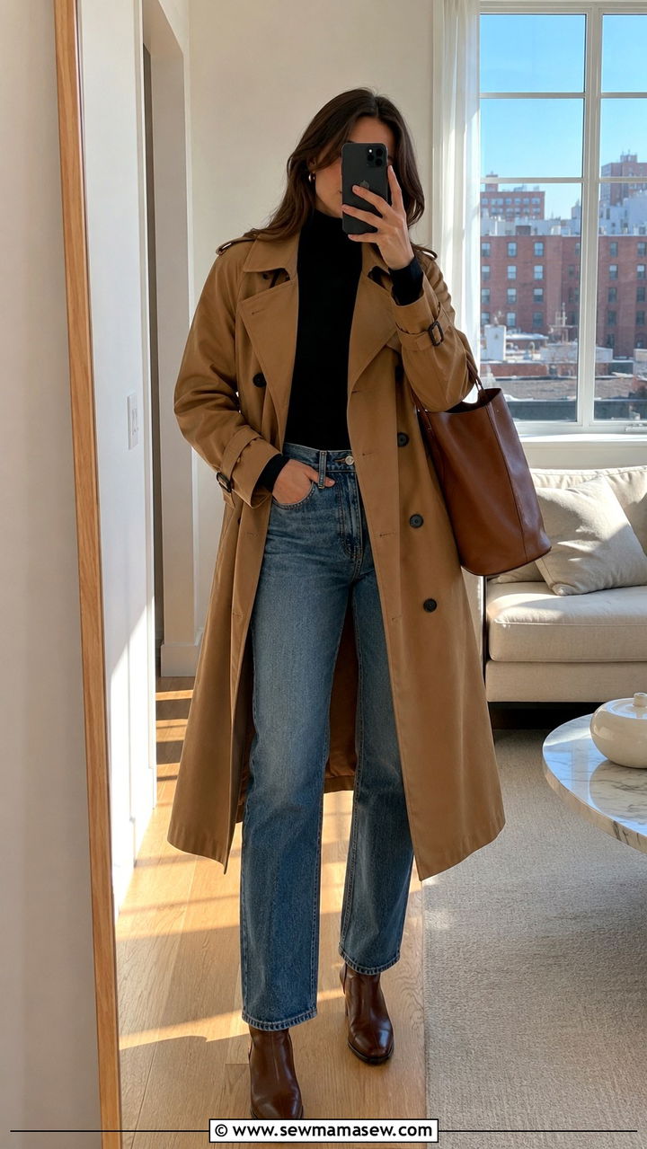 Trench Coat With Turtleneck and Straight Leg Jeans - 30 chic trench coat outfit ideas