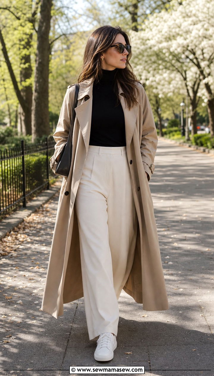 Trench Coat With Turtleneck and Wide Leg Trousers - 25 Cool aunt outfit ideas