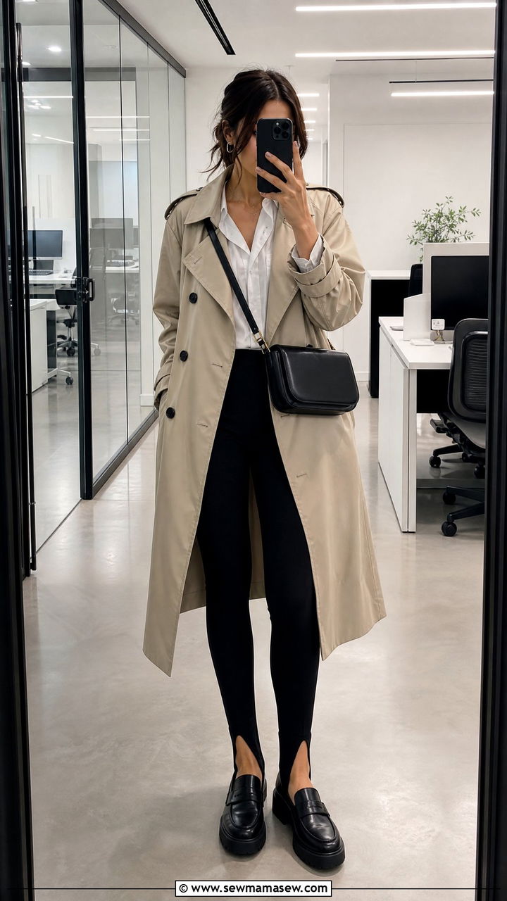 Trench Coat With White Blouse And Stirrup Leggings - 30 Rainy day work outfit ideas