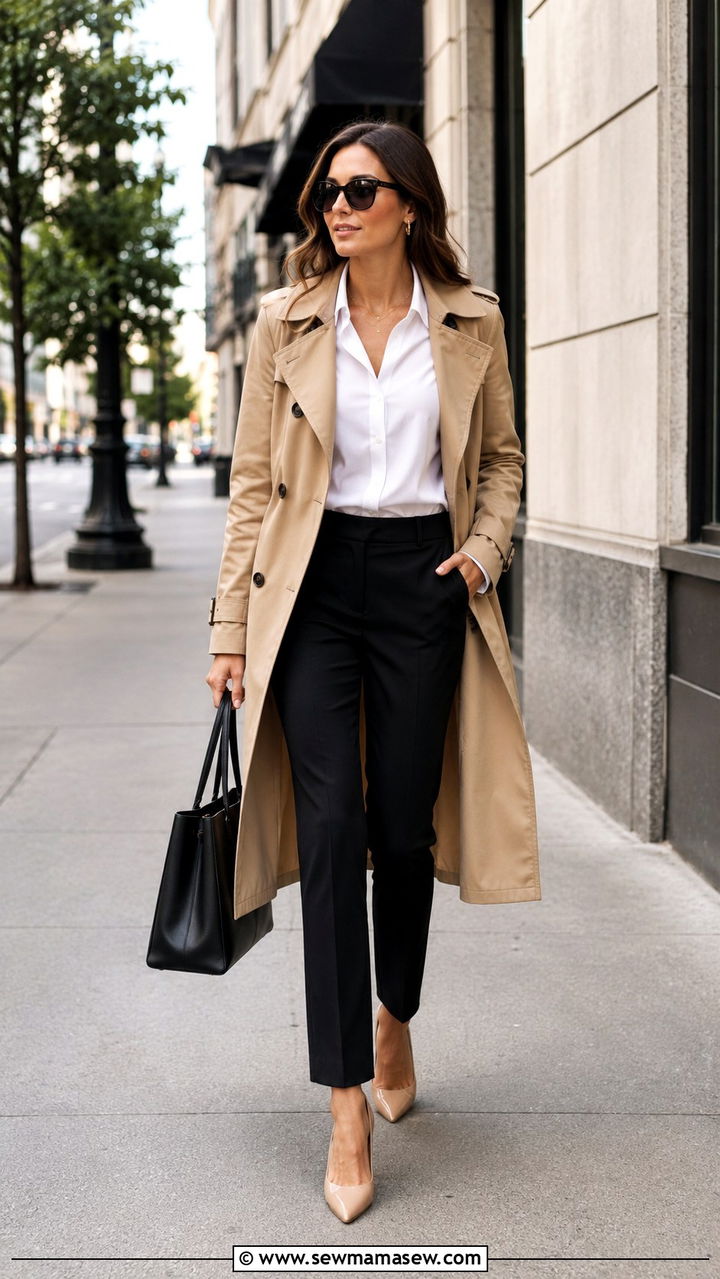 Trench Coat With White Button Down and Tailored Trousers - 30 classy Pinterest outfits