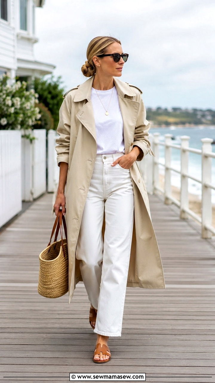Trench Coat With White Denim And A Simple Cotton Tee - 25 Old money outfit ideas with trench coat