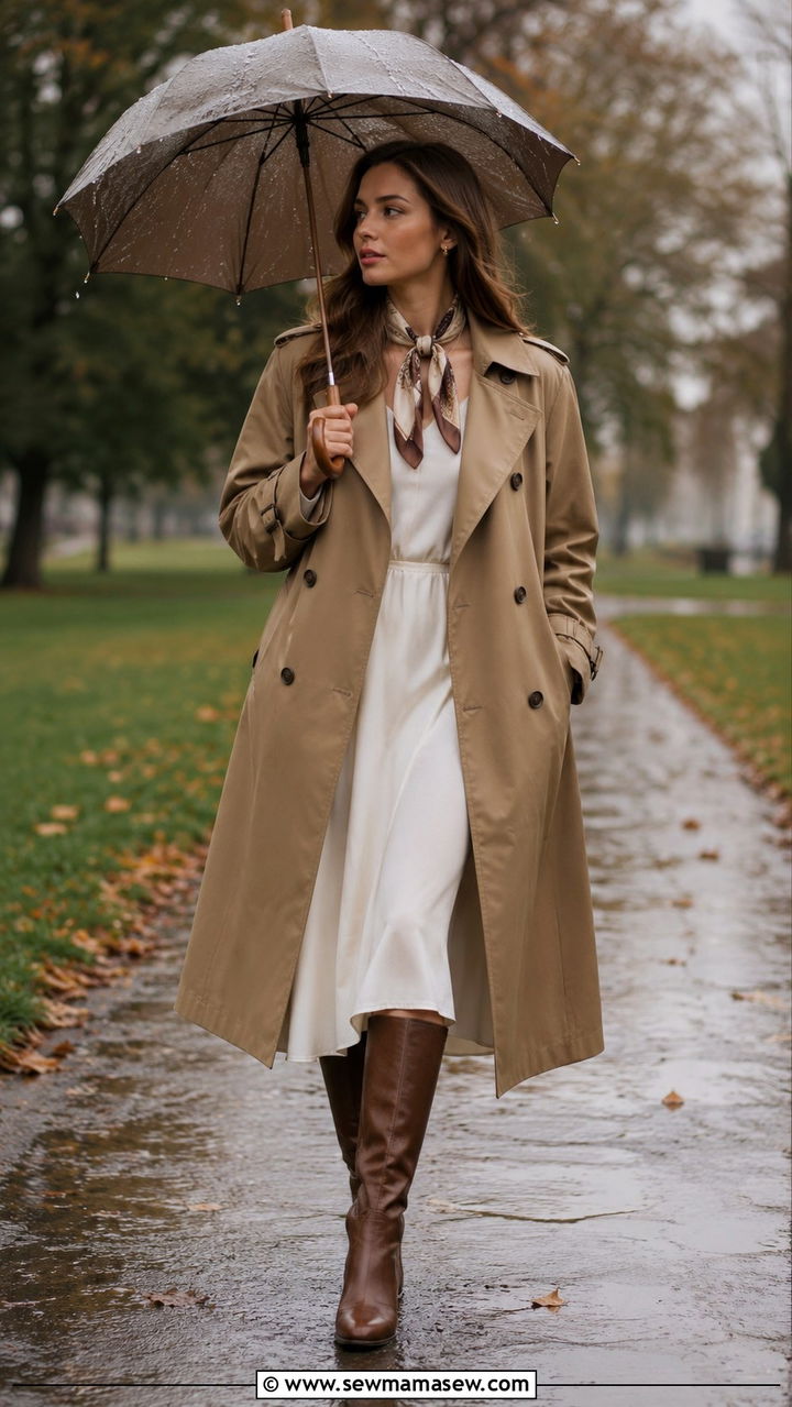 Trench Coat With White Dress And Knee High Boots - 25 rainy day outfits Pinterest
