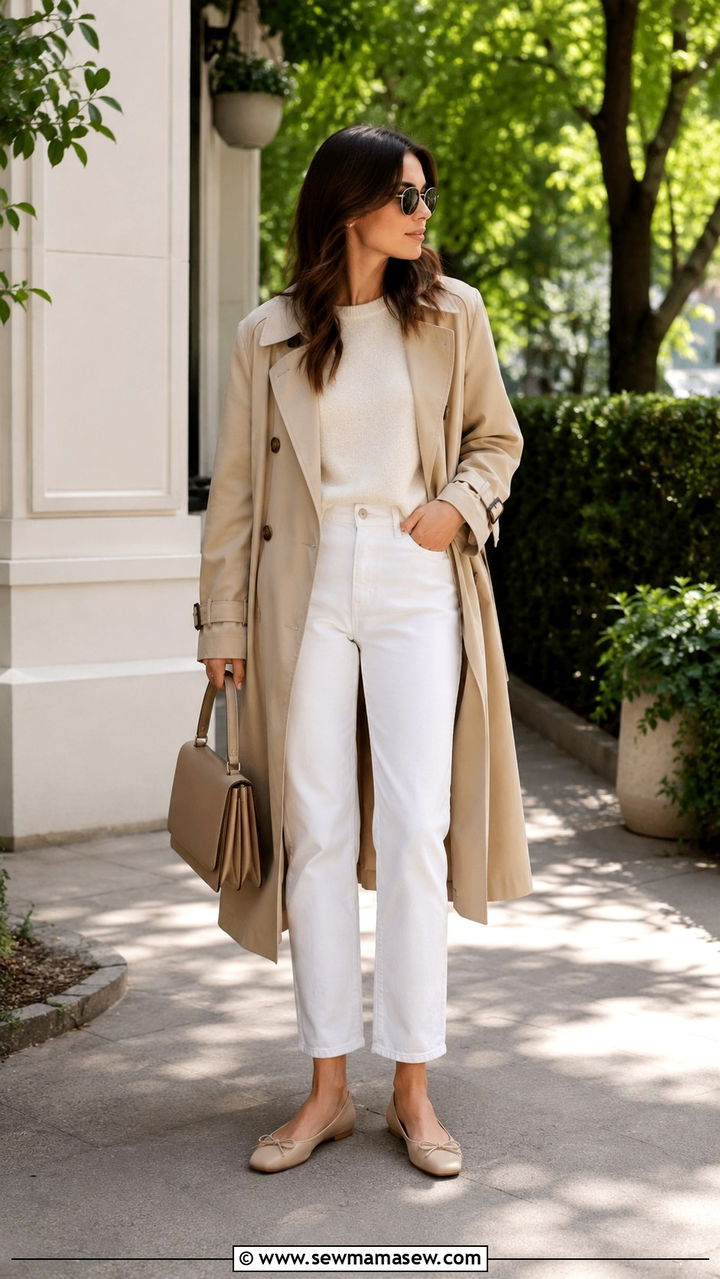Trench Coat With White Jeans And Ballet Flats - 30 Spring outfits with trench coats