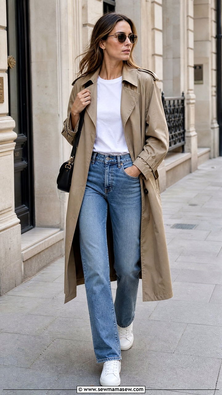 Trench Coat With White Tee And Jeans Outfit - 30 classy transitional outfits