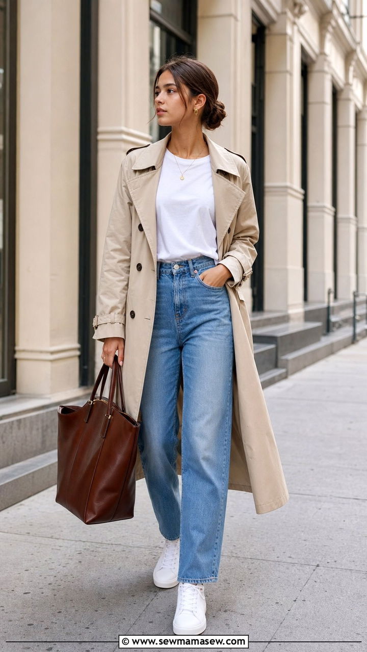 Trench Coat With White Tee And Straight Leg Jeans - 25 Clean girl outfit ideas for teens