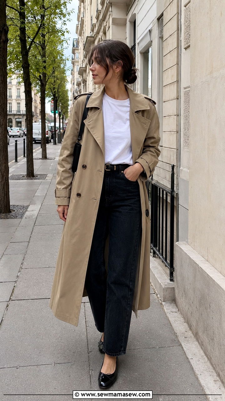 Trench Coat With White Tee And Straight Leg Jeans - 30 casual minimalist outfits