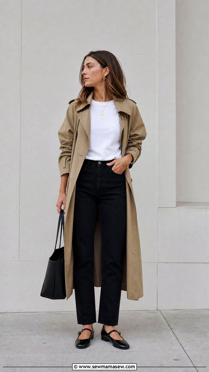 Trench Coat With White Tee and Black Jeans - 30 chic trench coat outfit ideas
