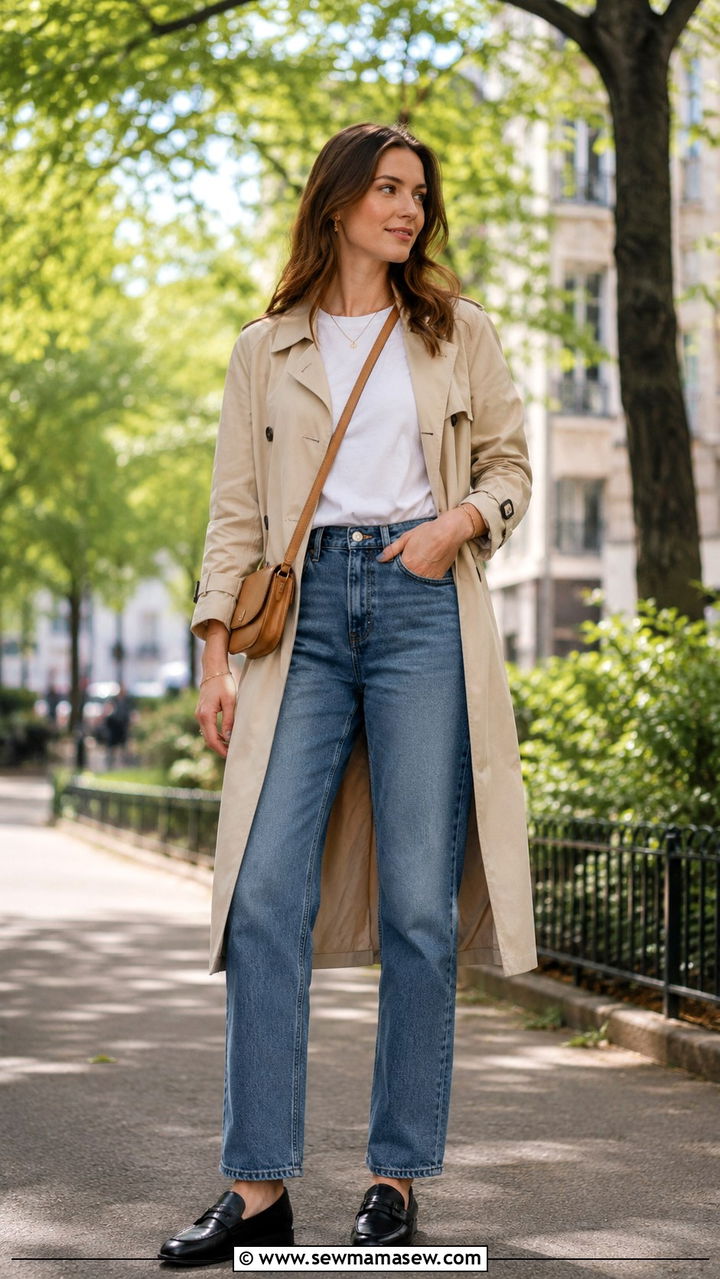 Trench Coat With White Tee and Straight Leg Jeans - 30 Late May outfit ideas