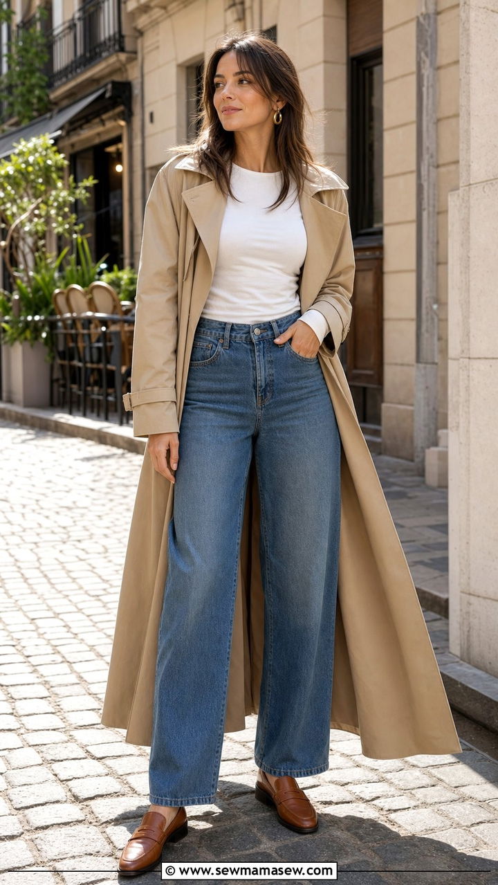 Trench Coat With Wide Leg Jeans and Loafers - 25 spring 90s outfits
