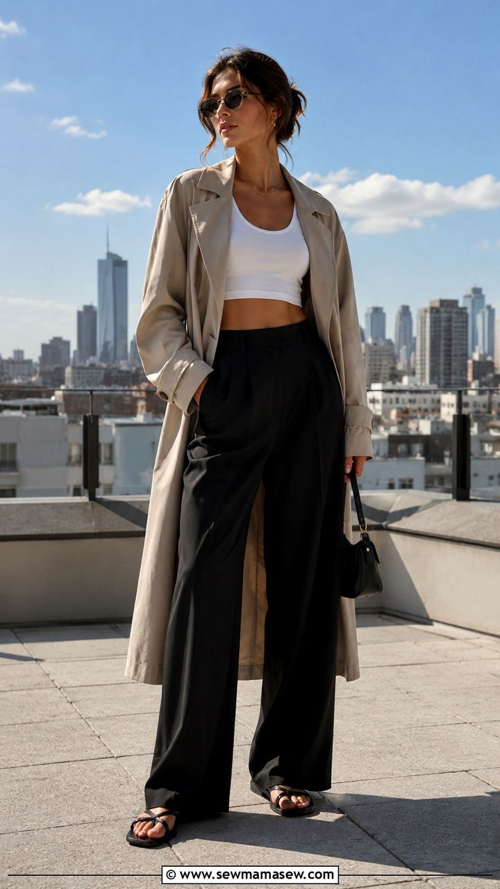 Trench Coat With Wide Leg Trousers And Crop Top Outfit - 25 Wide leg trousers outfit ideas with a trench coat