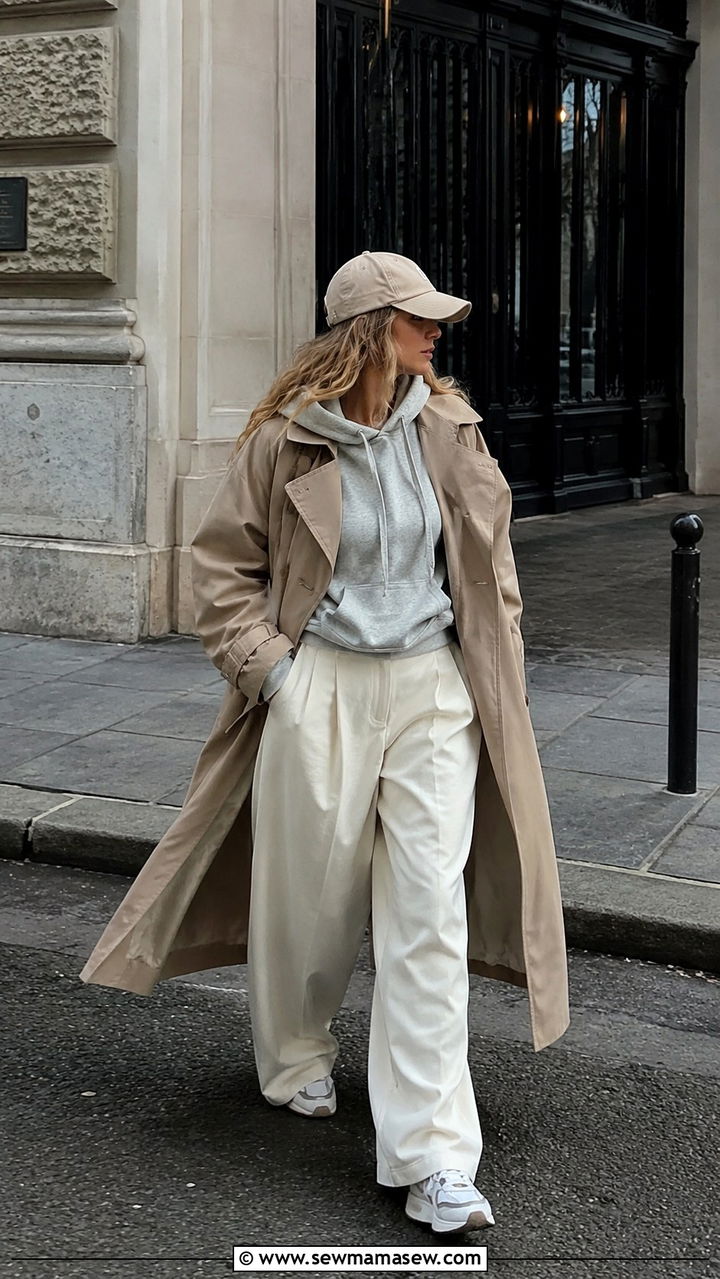 Trench Coat With Wide Leg Trousers And Hoodie Outfit - 25 Wide leg trousers outfit ideas with a trench coat