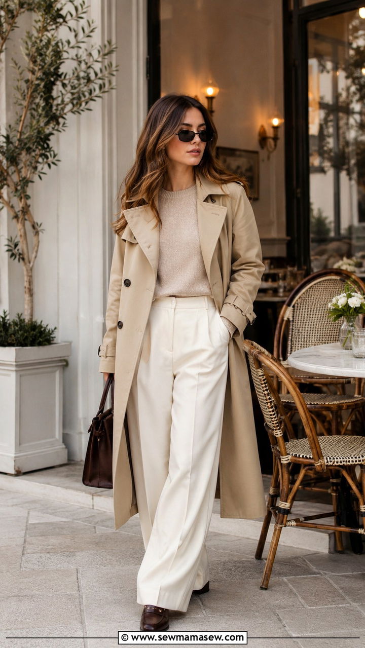 Trench Coat With Wide Leg Trousers And Loafers - 30 Spring outfits with trench coats