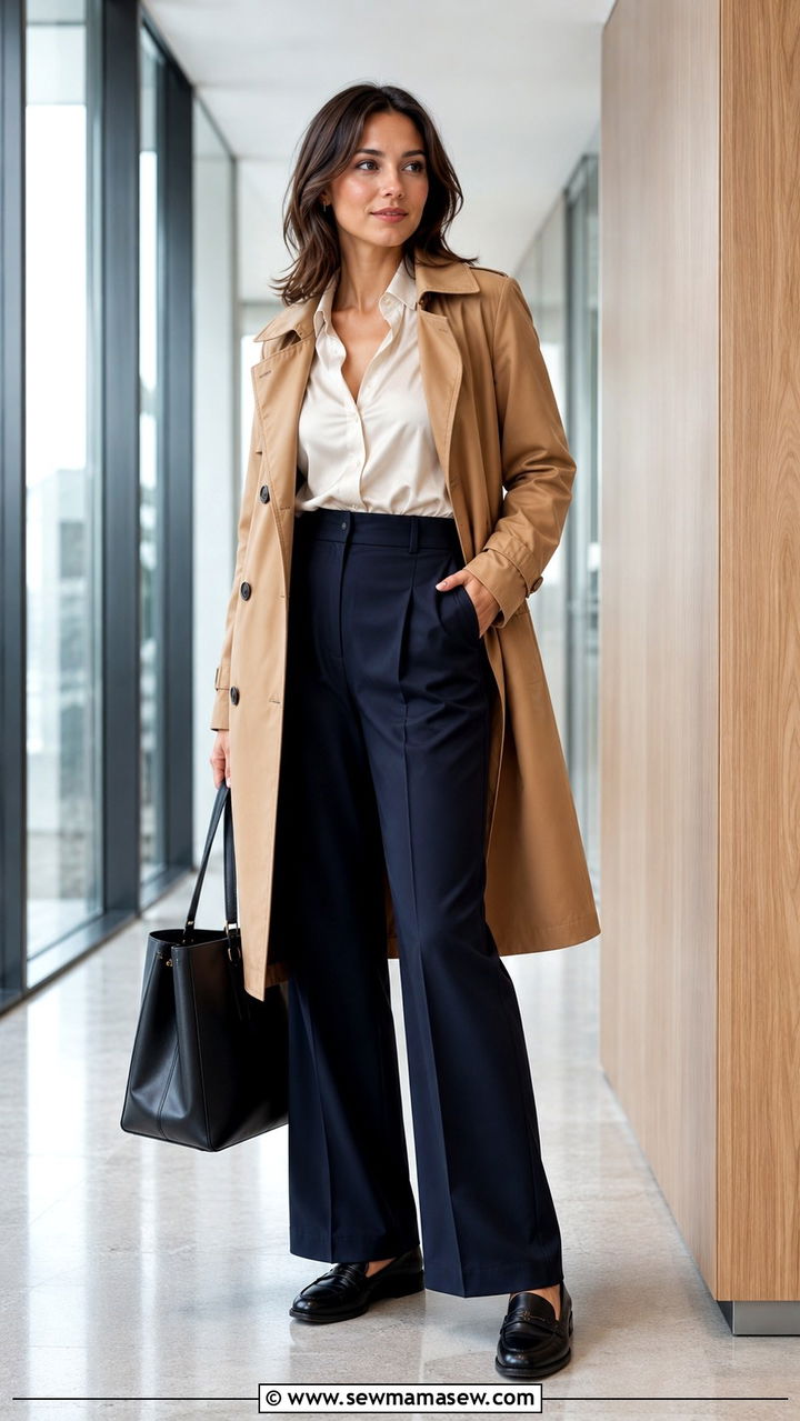 Trench Coat With Wide Leg Trousers And Loafers Outfit - 25 Wide leg trousers outfit ideas with a trench coat