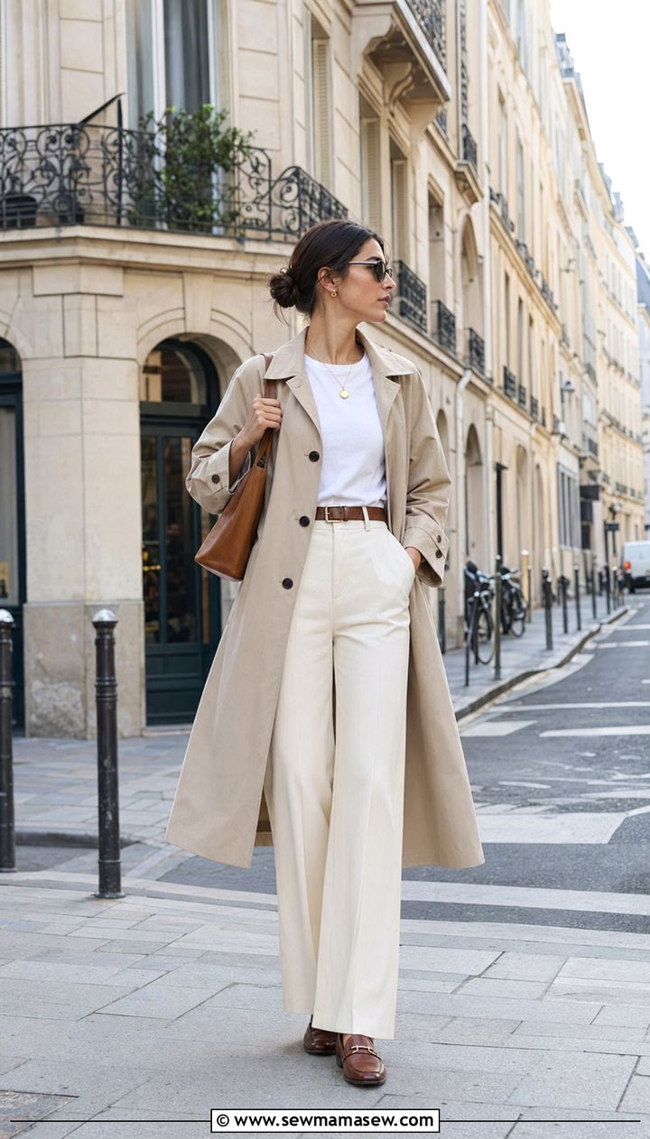 Trench Coat With Wide Leg Trousers And Loafers - 35 April outfit ideas
