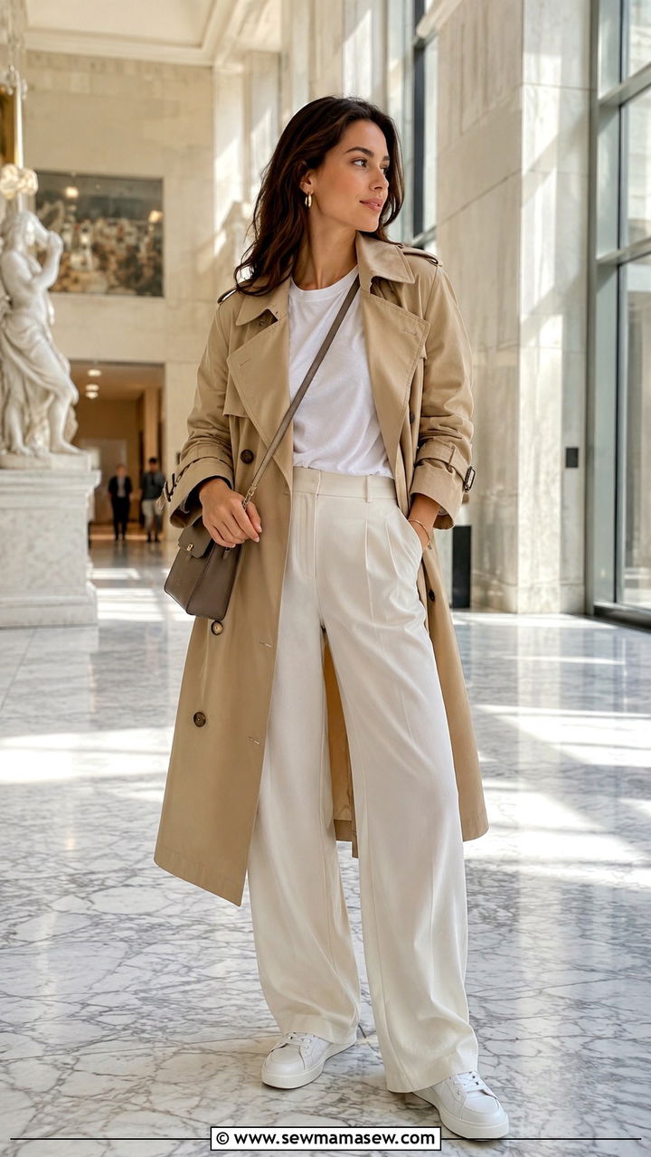Trench Coat With Wide Leg Trousers And Sneakers - 30 spring museum day outfit ideas