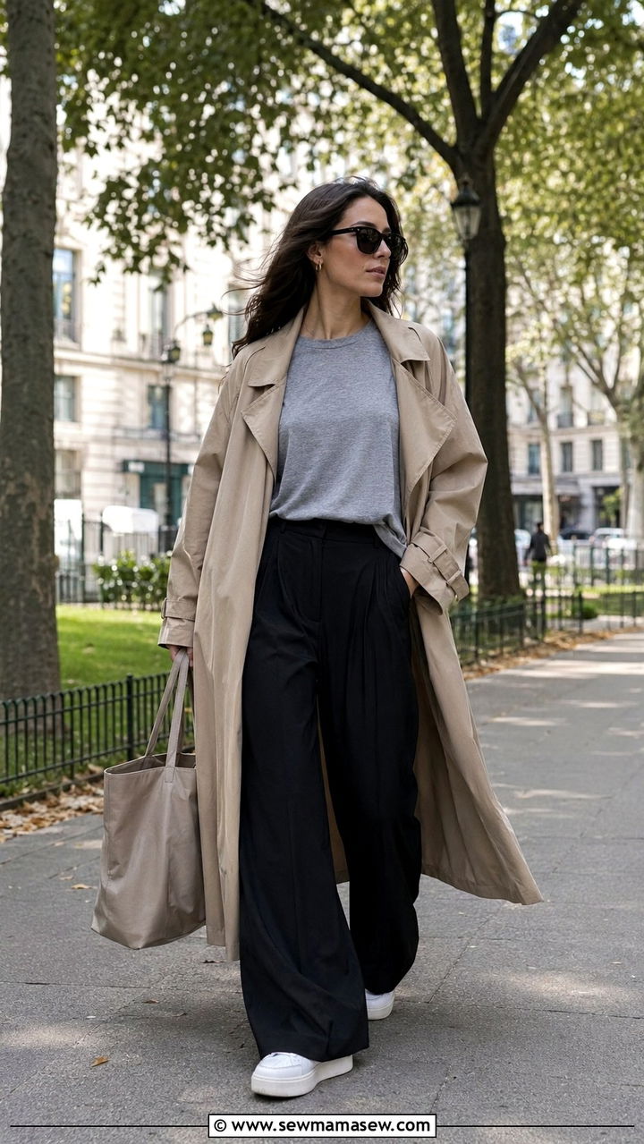 Trench Coat With Wide Leg Trousers And White Sneakers Outfit - 25 Wide leg trousers outfit ideas with a trench coat