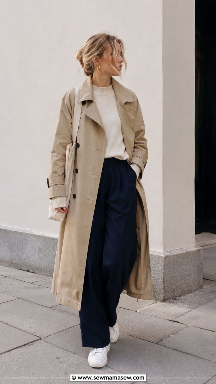 Trench Coat With Wide Leg Trousers And White Sneakers - 30 Danish outfit ideas