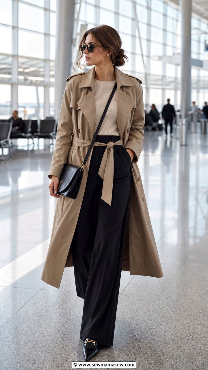 Trench Coat With Wide Leg Trousers Outfit - 30 Elegant airport outfit ideas