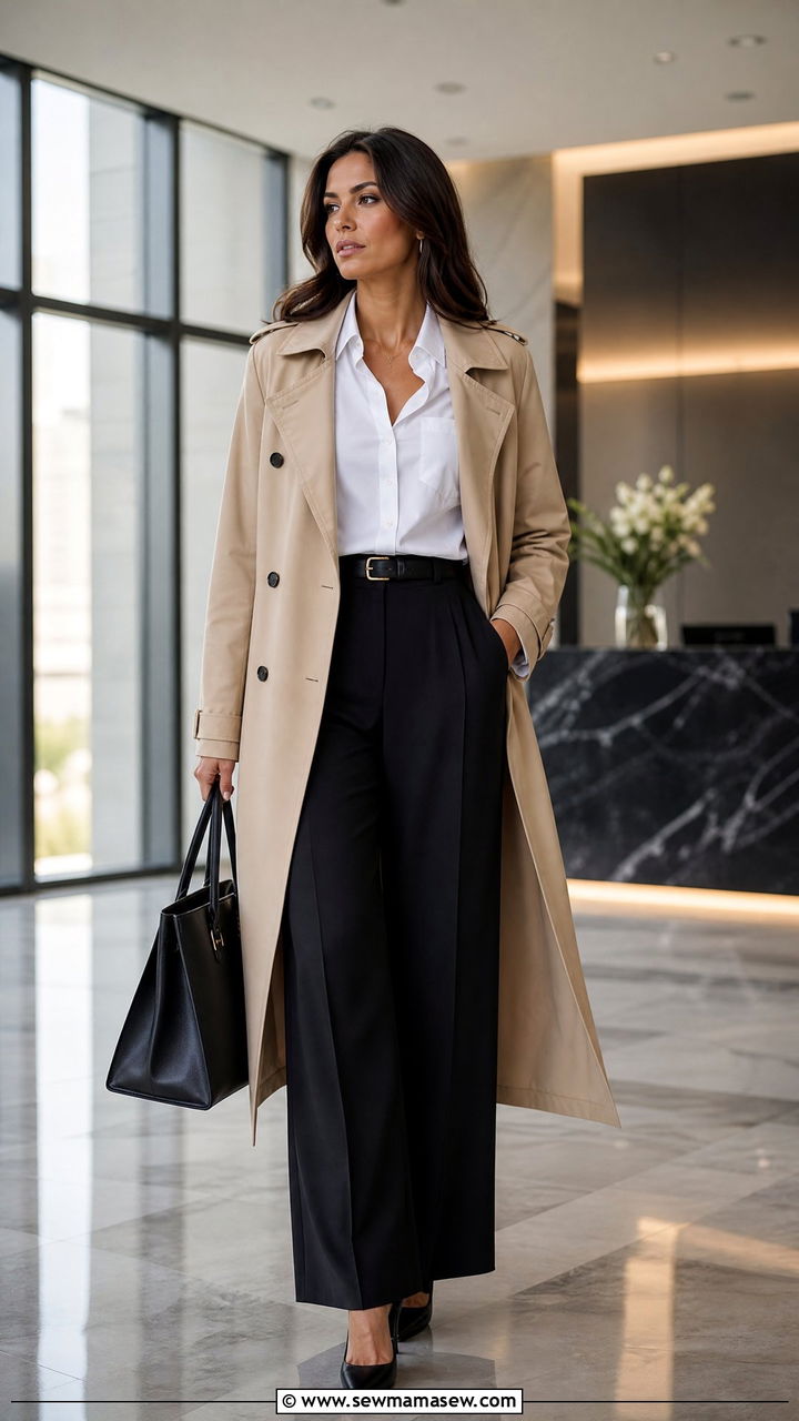 Trench Coat With Wide Leg Trousers and Heels - 30 chic trench coat outfit ideas