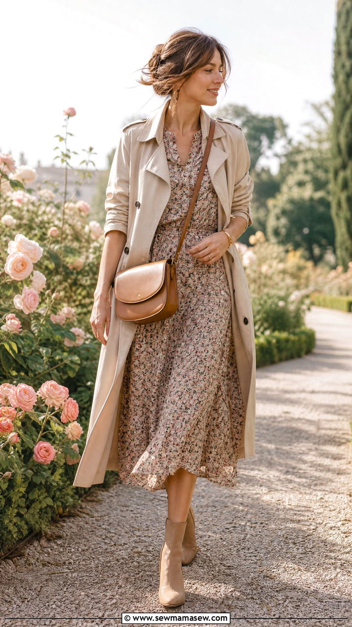 Trench Coat With a Floral Midi Dress - 25 French girl outfit ideas casual