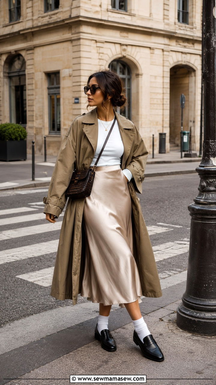 Trench Coat With a Midi Skirt and Loafers - 30 How to style loafers