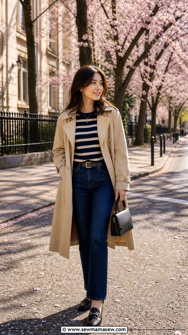 Trench Coat With a Striped Knit and Dark Denim - 40 Korean outfit ideas