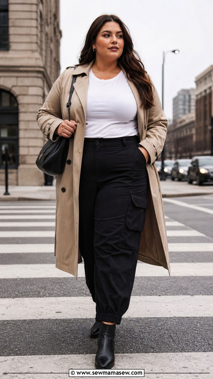 Trench Coat With a White Tee Black Cargo Pants and Ankle Boots - 30 Plus size outfit ideas with cargo pants