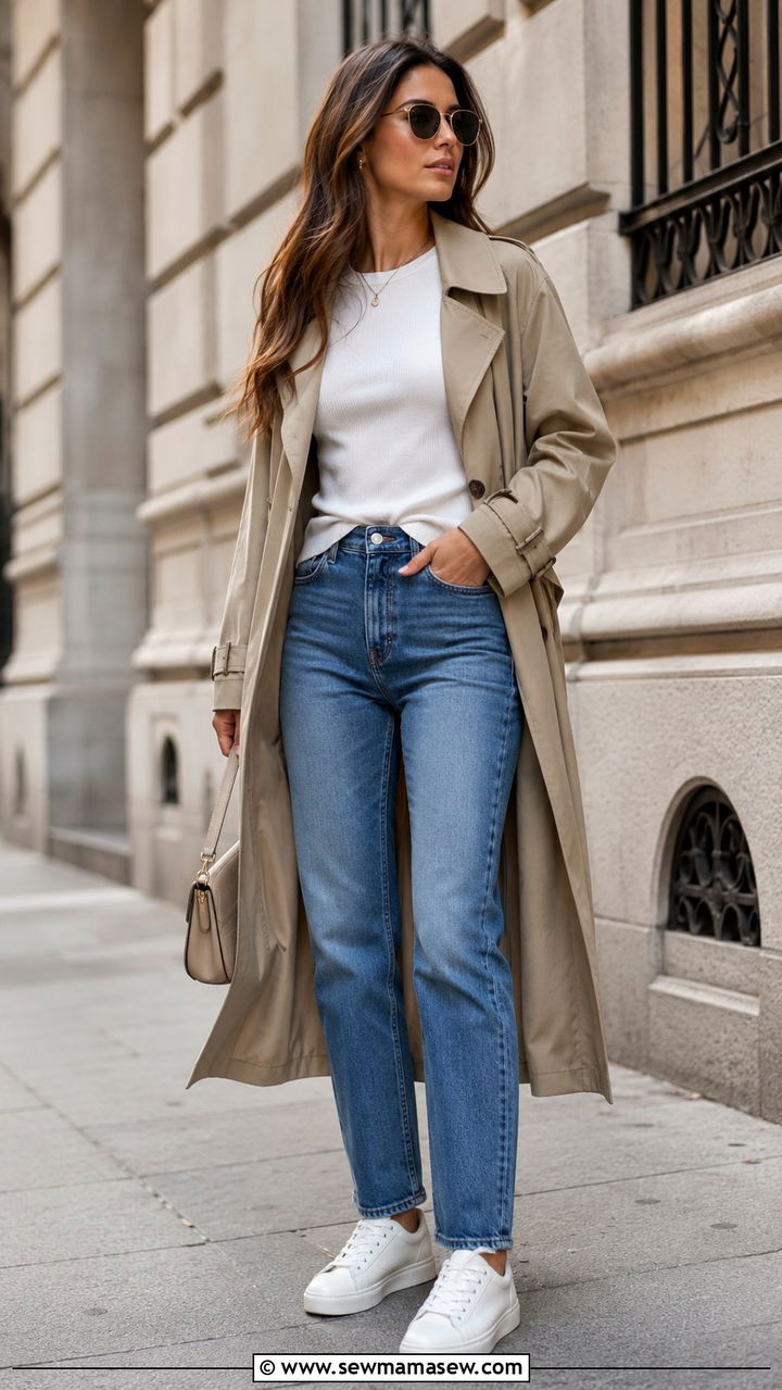 Trench Coat Worn Open Over Jeans and Tee - 30 Outfit ideas for long torso