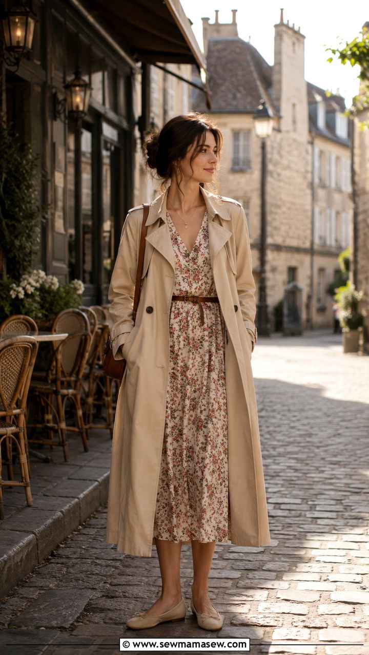 Trench Coat Worn Over a Midi Dress - 20 Spring Europe packing outfits