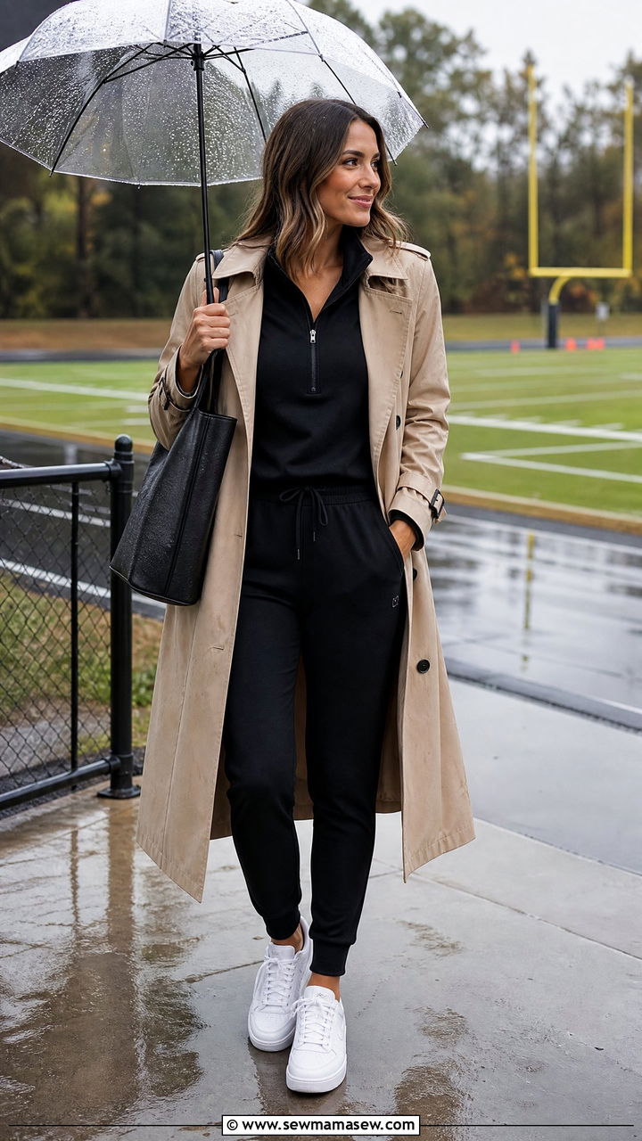 Trench Coat and Athleisure Set Outfit - 25 Football game outfit ideas mom
