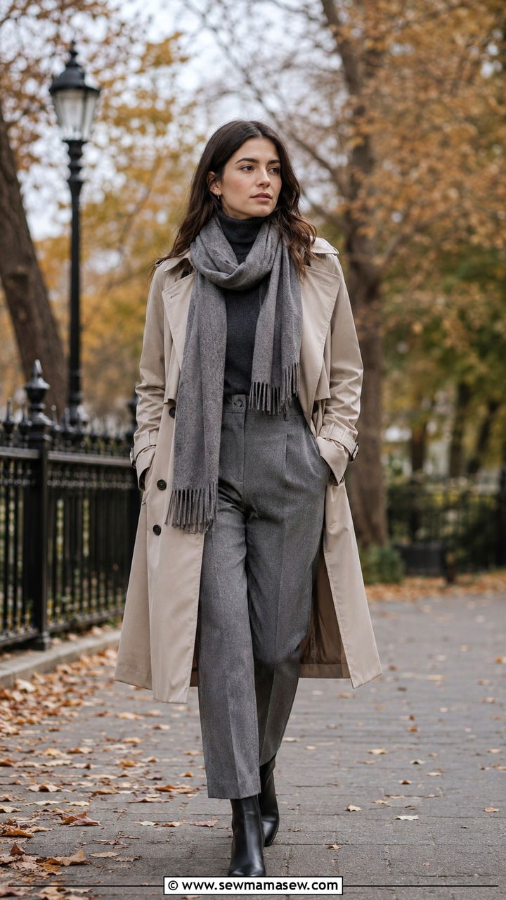 Trench Coat and Cashmere Scarf Outfit for Fall - 20 Quiet luxury outfit ideas Succession Logan