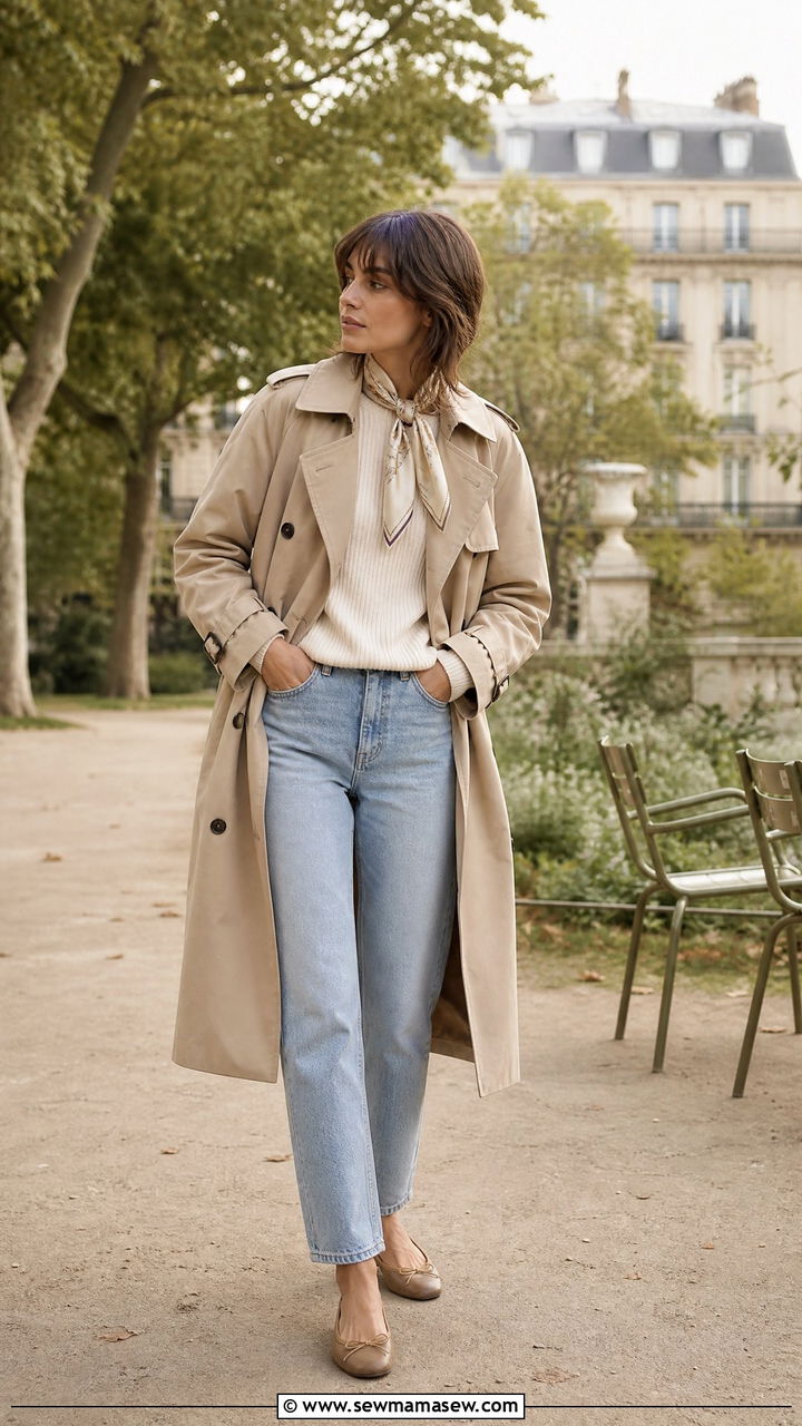 Trench Coat and Cream Knit Sweater - 30 french girl capsule wardrobe outfits
