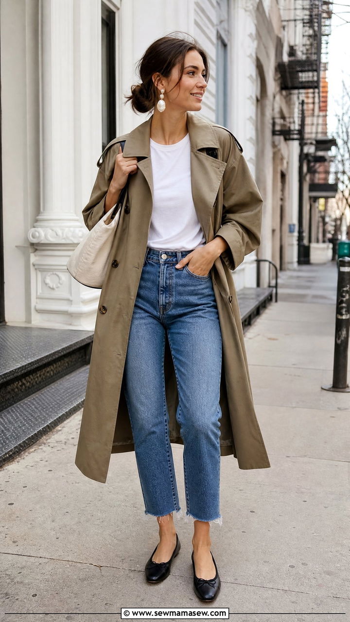 Trench Coat and Cropped Jeans - 20 Spring outfits with statement earrings