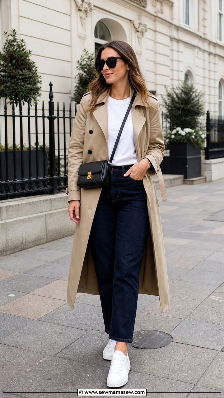 Trench Coat and Dark Wash Denim Outfit - 30 minimalist capsule wardrobe outfits