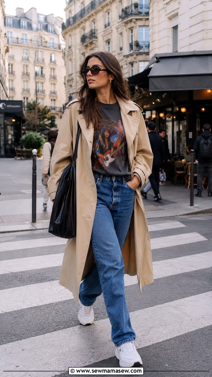 Trench Coat and Graphic Tee Outfit - 30 casual parisian outfits