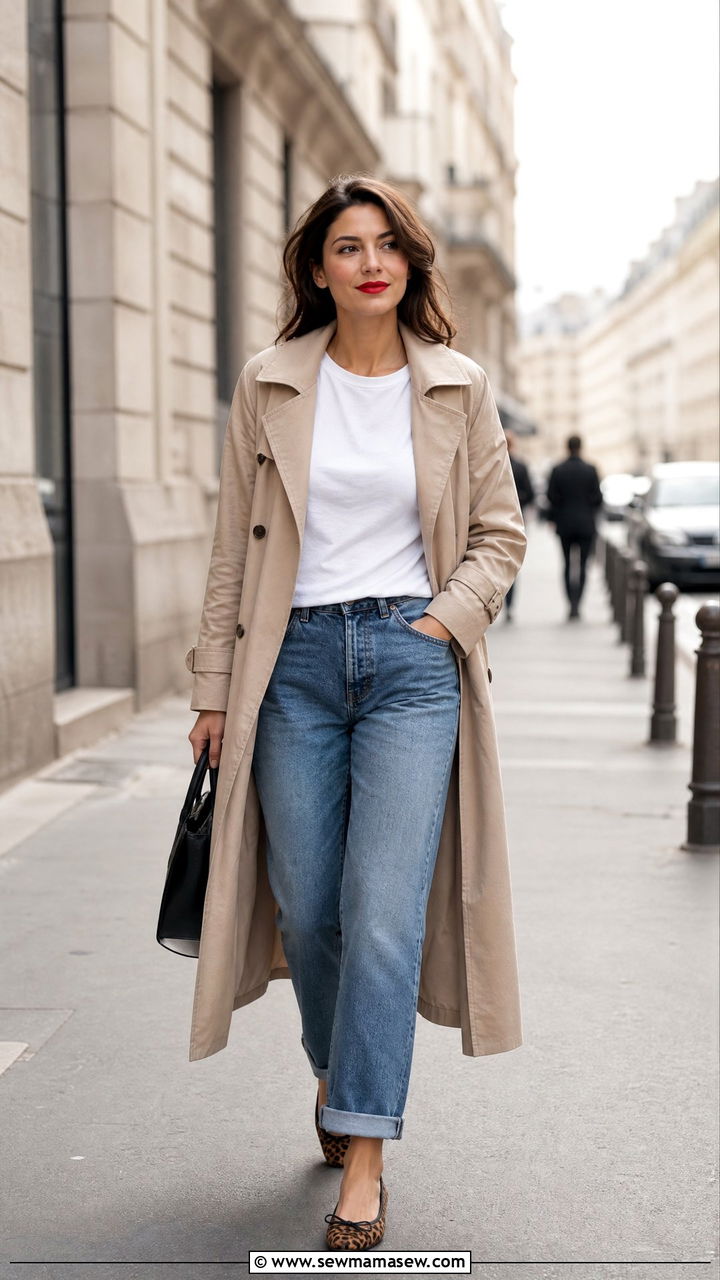 Trench Coat and Jeans With Red Lip - 25 French girl outfit ideas with red lipstick
