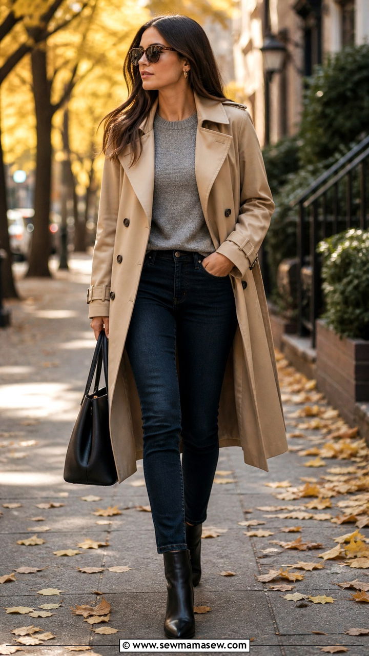 Trench Coat and Jeans with Ankle Boots - 40 weekend outfit ideas for women