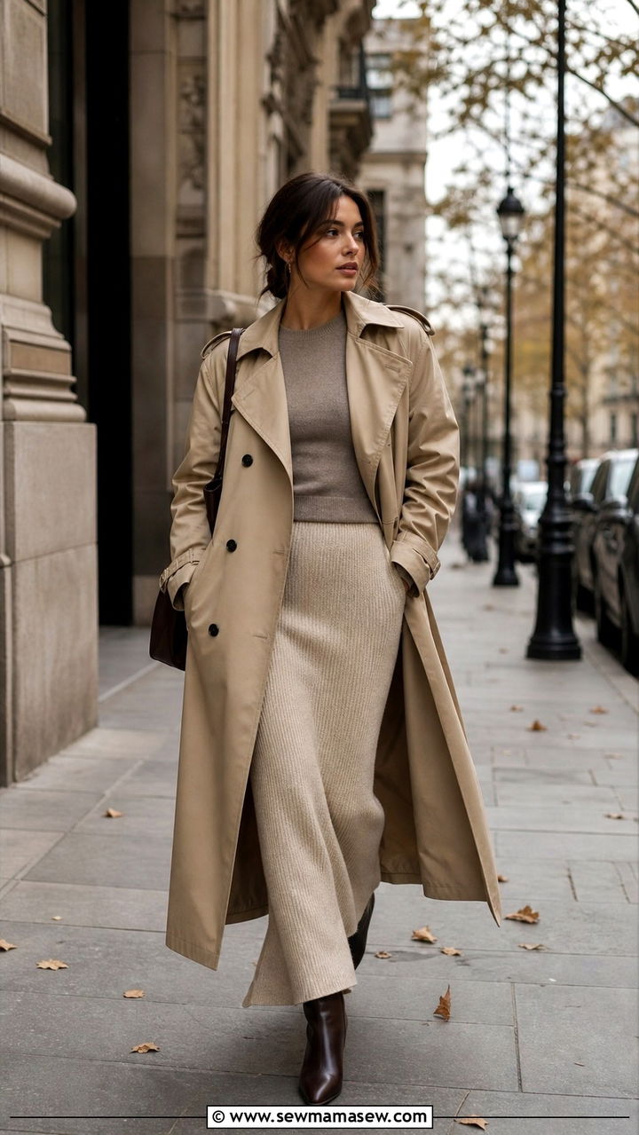 Trench Coat and Knit Maxi Skirt - 40 cute maxi skirt outfits