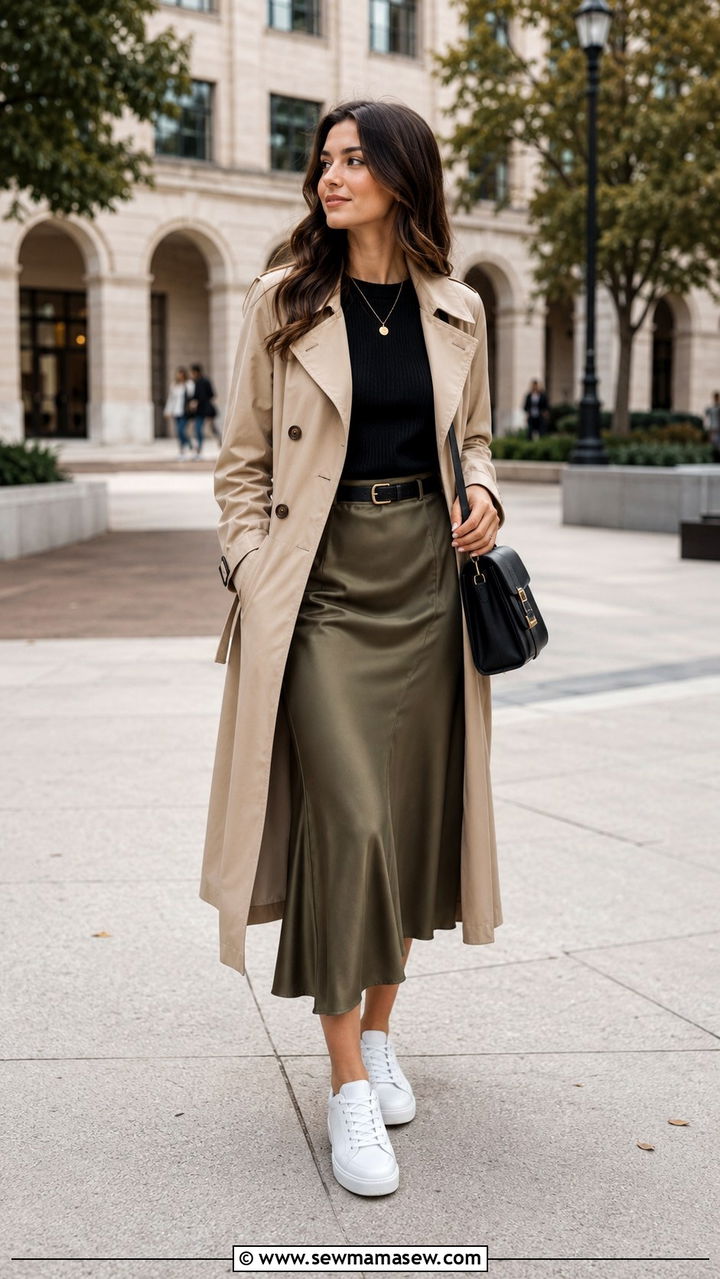 Trench Coat and Midi Skirt - 30 Outfit ideas for college girls