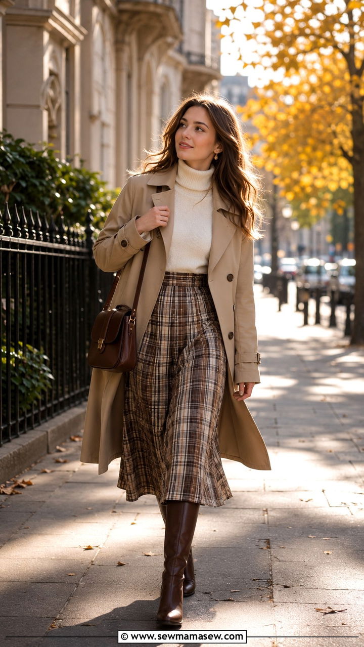 Trench Coat and Plaid Skirt Outfit - 30 Romantic academia outfit ideas