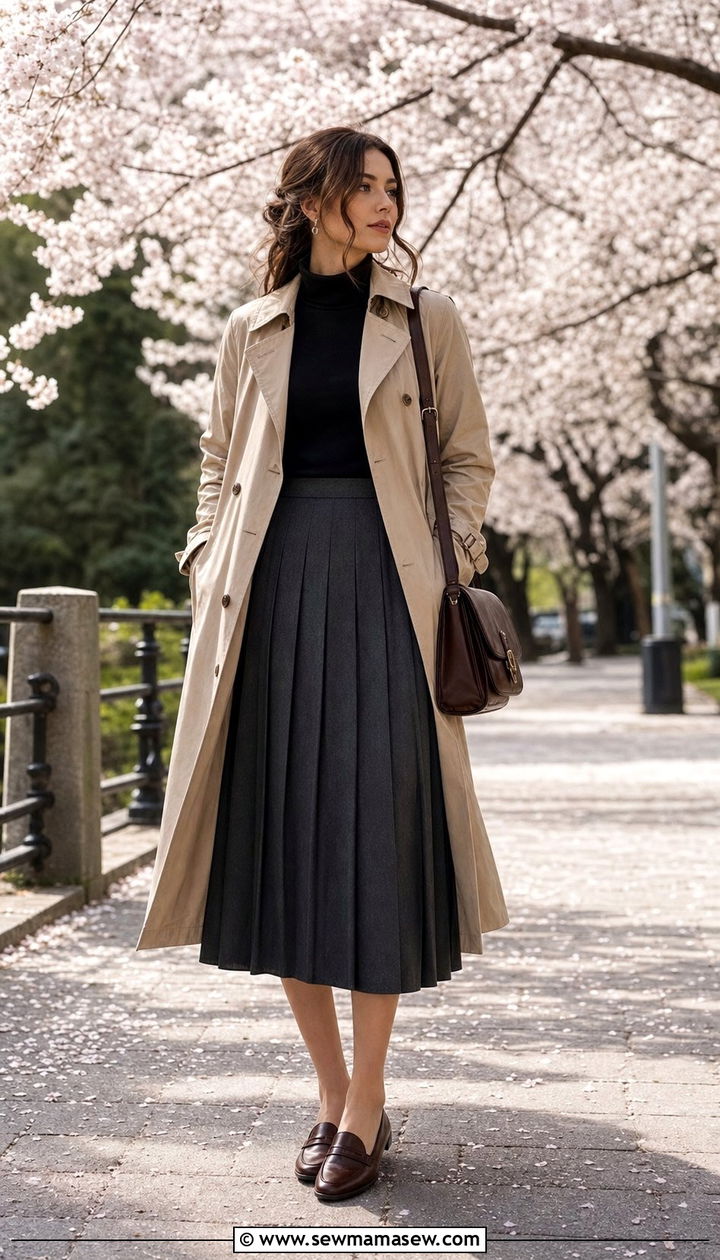 Trench Coat and Pleated Midi Skirt - 25 spring dark academia outfits