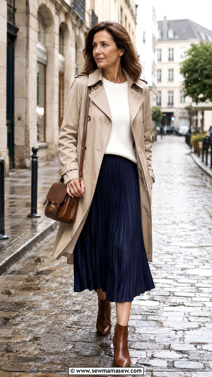 Trench Coat and Pleated Skirt - 25 pleated skirt outfits for women over 40