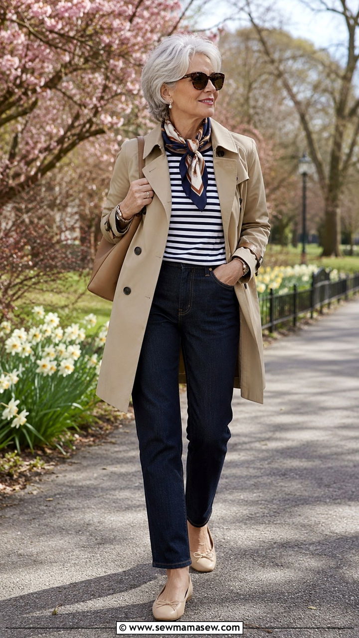 Trench Coat and Scarf Spring Travel Outfit - 30 Travel outfit ideas for women over 60