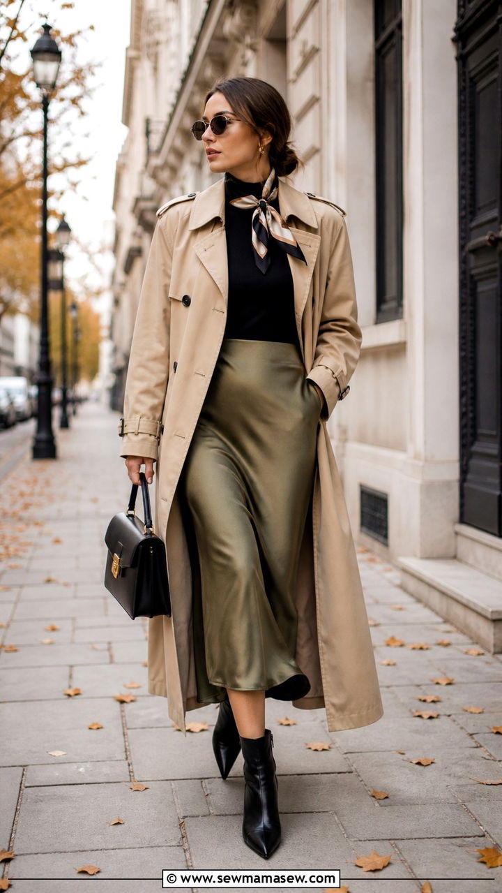 Trench Coat and Slip Skirt Outfit - 20 30 year old woman outfit ideas