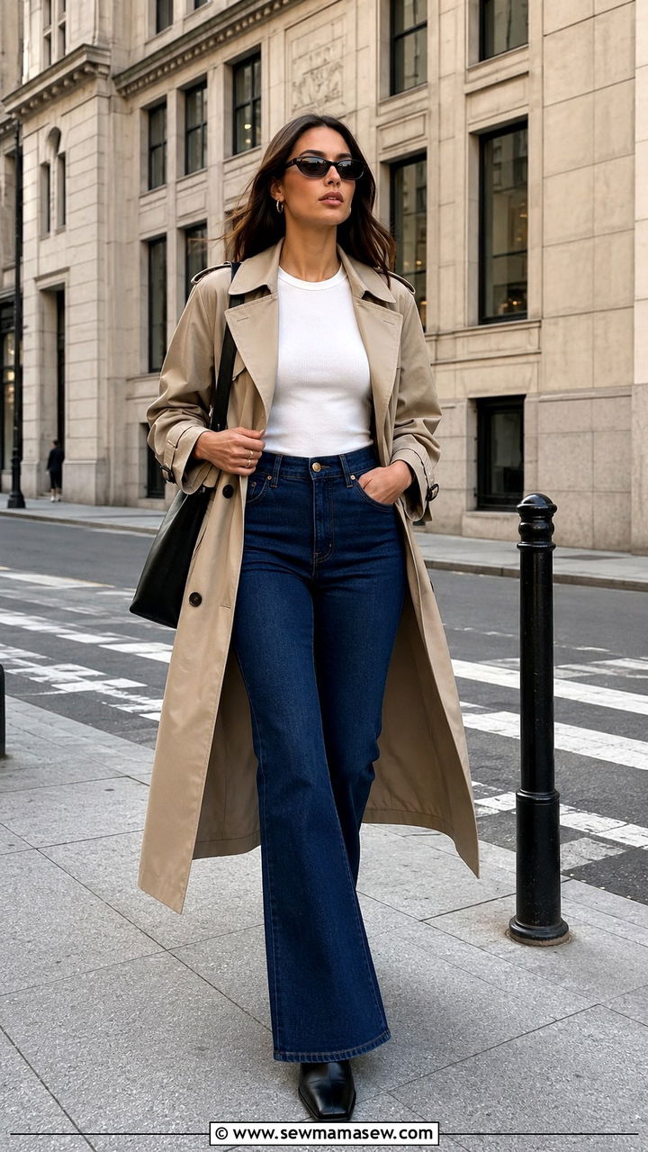 Trench Coat and Square Toe Boots with Flare Jeans - 30 How to style flare jeans