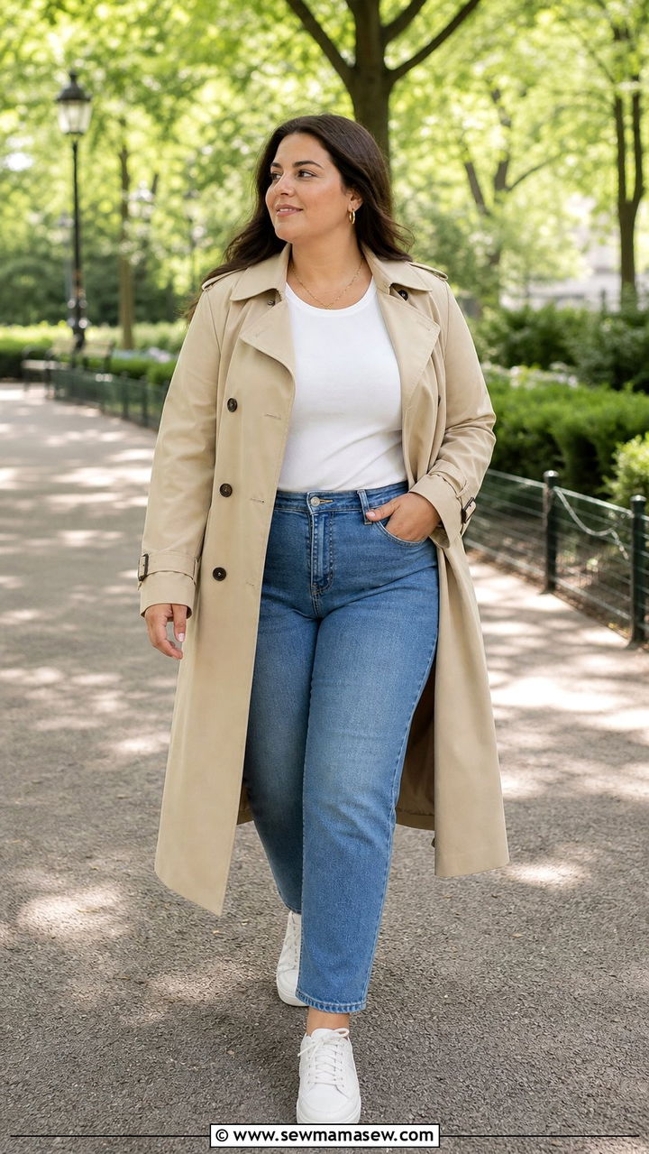 Trench Coat and Straight Leg Jeans - 35 Brunch outfits for plus size