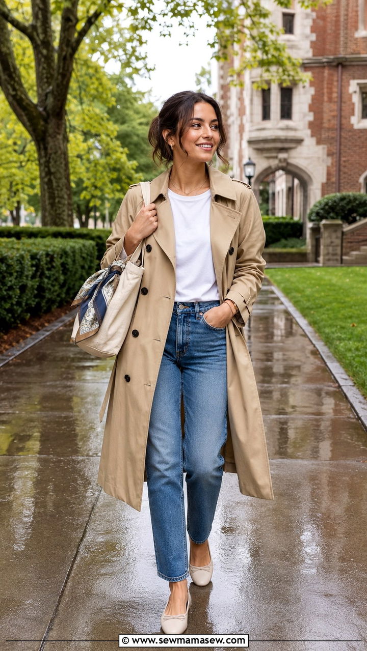 Trench Coat and Straight Leg Jeans - 30 casual back to school outfits