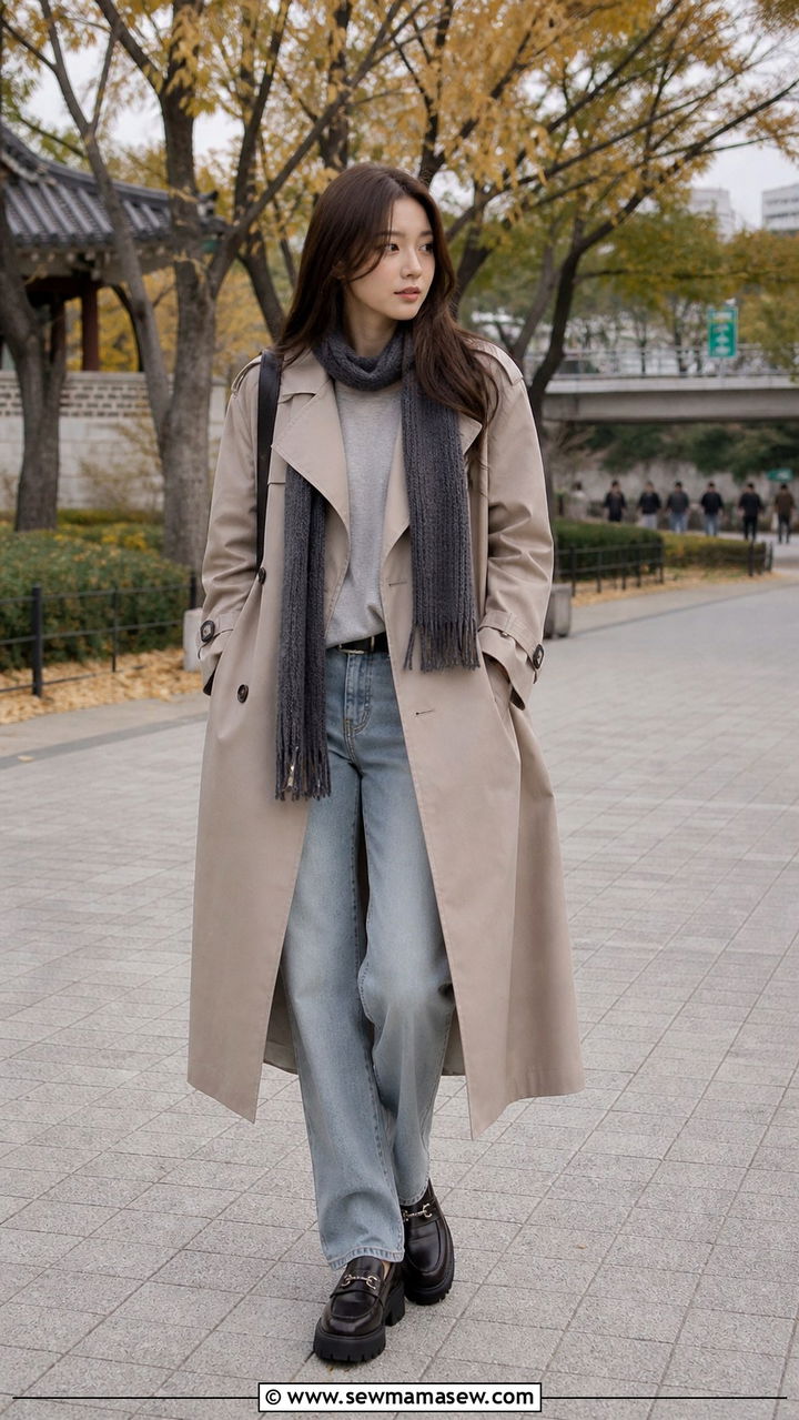 Trench Coat and Straight Leg Jeans Ensemble - 40 What to wear in Seoul